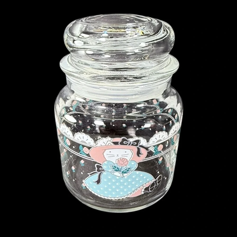 CHD Country Kitty Cat Pink Bonnet Teal Dress Glass Canister Small Vintage‎ 1988